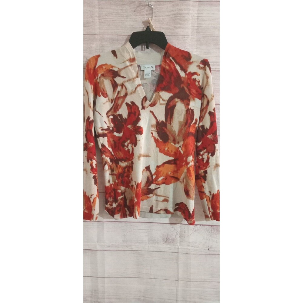 Carmen Sweater Women's Size Small V-Neck Fall Leaves Long Sleeve Knit Pull Over